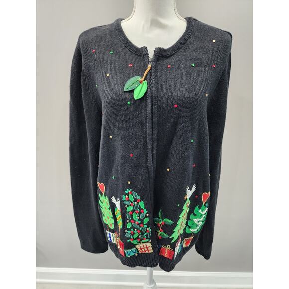 Vintage Tiara International zip Up Christmas Tree Sweater 3D Knit Black XL - Picture 1 of 10